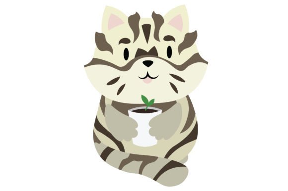 Kawaii Cat with Plants Sticker: Craft Asset for Cat Lovers